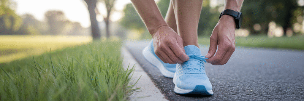 Person tying running shoes on park trail.
