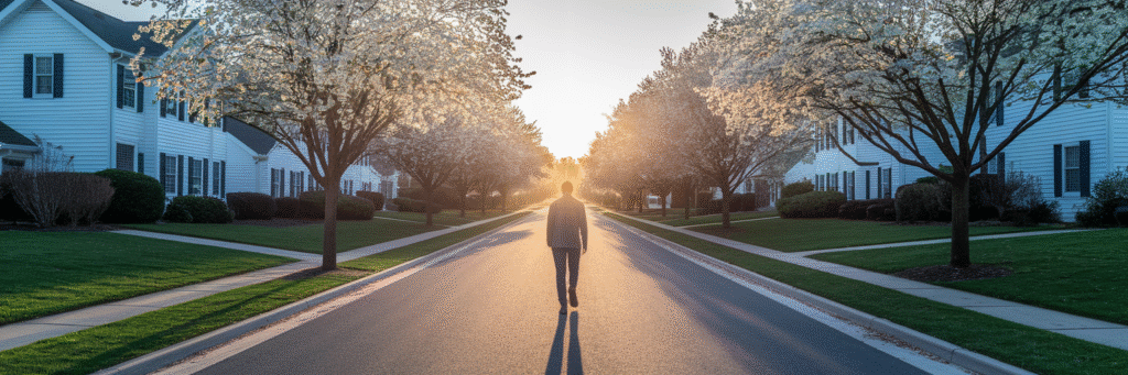 Person walking towards sunrise in Maryland.