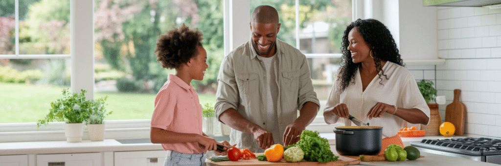 Family cooking a healthy meal together at home.
