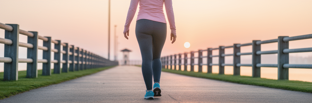 Person walking near Chesapeake Bay at sunrise.