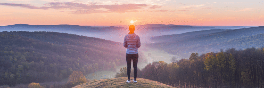 Person overlooking Shenandoah Valley at sunrise.