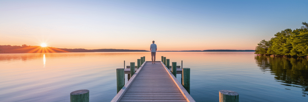 Person on pier watching Maryland sunrise.