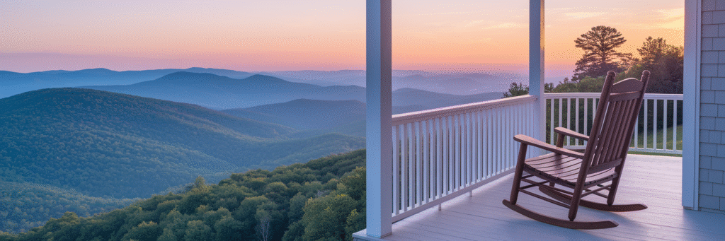 Blue Ridge Mountains view from a porch.