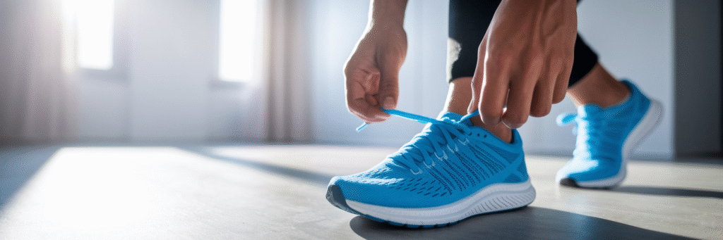 Tying laces on new running shoes.