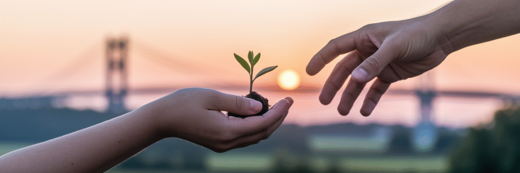 Hands reaching out with Maryland background.
