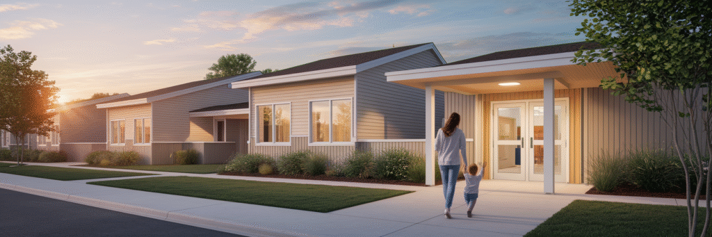 Parent and child arriving at a walk-in clinic.