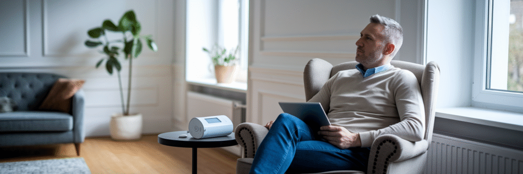 Man managing health with telemedicine at home.