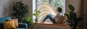 Person receiving virtual mental health support at home.
