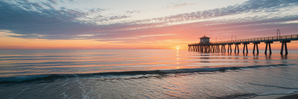 Sunrise over a calm Florida beach.