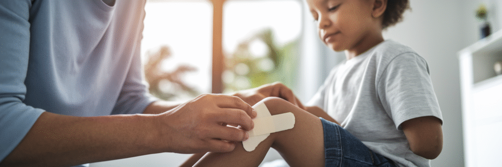 Parent applying bandage to child's knee.