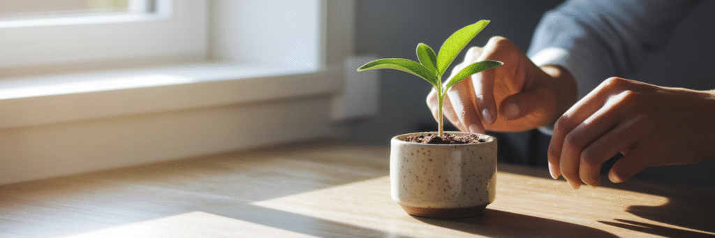 Hands carefully tending a small houseplant.