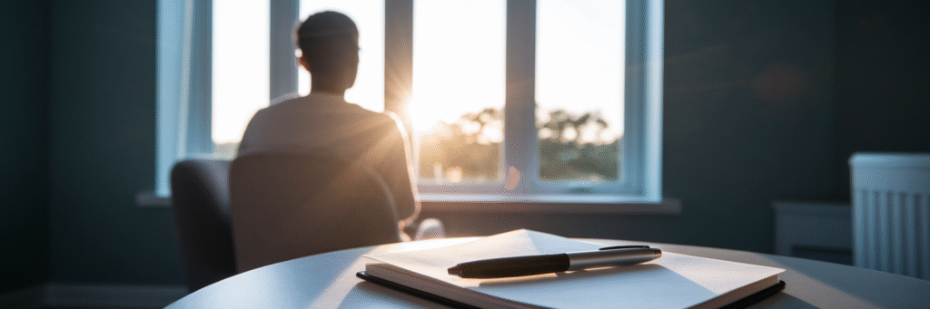 Person looking hopefully out a window in Florida.