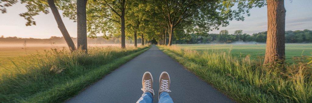 Person starting a walk on a park path.