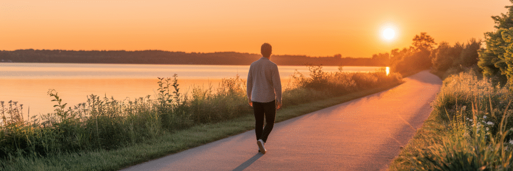 Person walking toward sunrise over water.