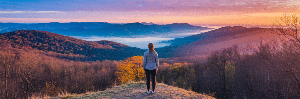 Person watching sunrise over Blue Ridge Mountains.