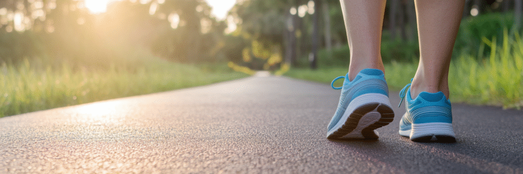 Running shoes on a Florida park path at sunrise.