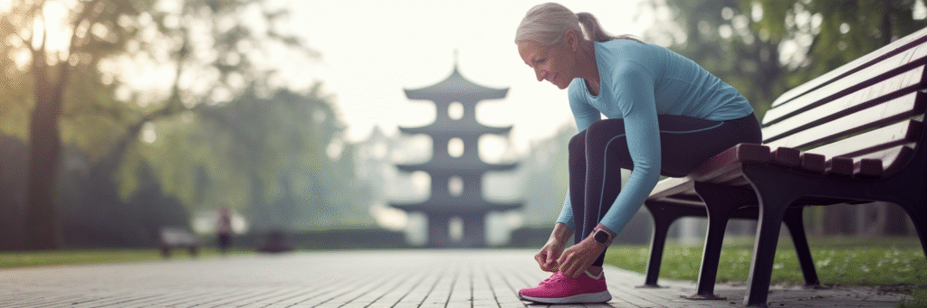 Woman tying running shoes in a park.