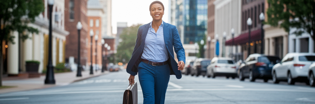 Professional walking confidently in Virginia.