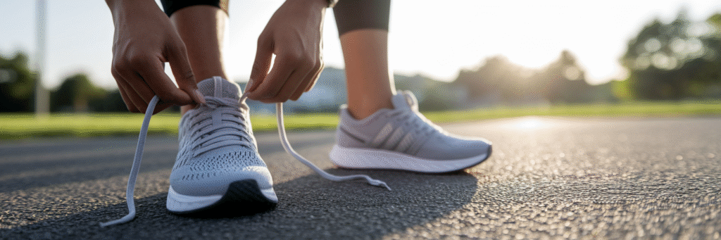 Person tying running shoes in a park.