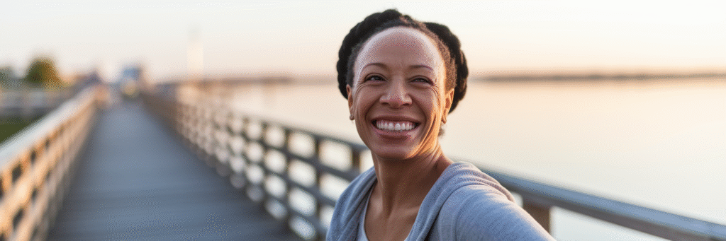 Woman smiling confidently by Chesapeake Bay