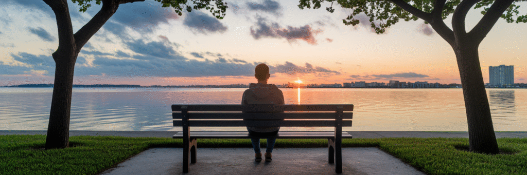 Person watching sunrise over Florida water.
