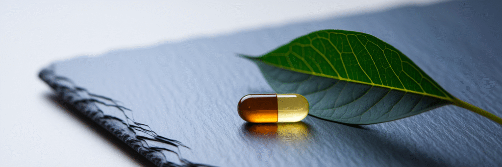 Prescription capsule next to a leaf.