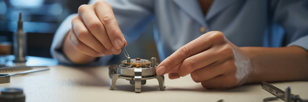 Woman assembling a precision mechanical watch.