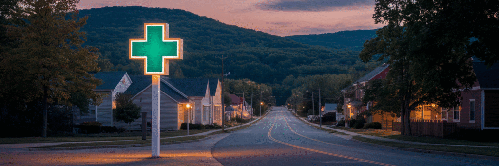 Illuminated pharmacy sign in small Virginia town.