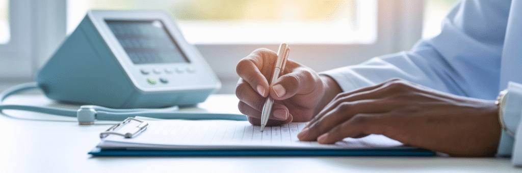 Doctor reviewing patient chart for safety.