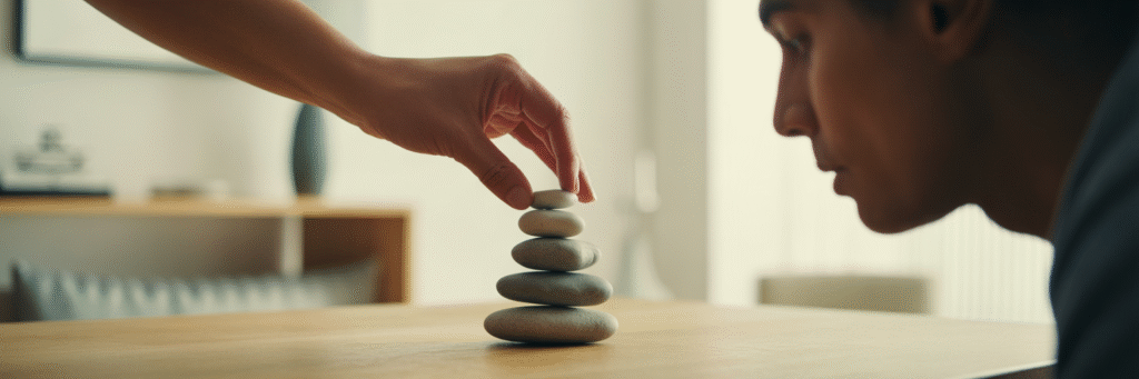 Hand carefully balancing stones in a cairn.