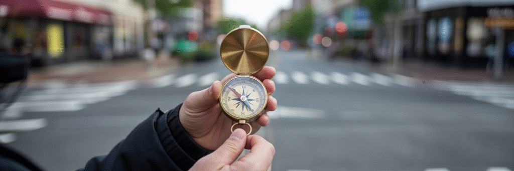 Hands holding a compass steady.