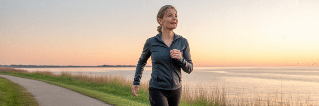 Woman over 40 walking confidently near Chesapeake Bay.