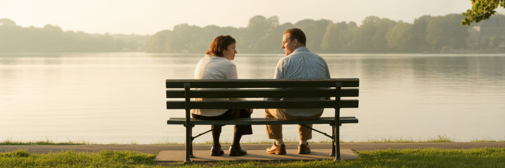Supportive conversation on a Maryland park bench.
