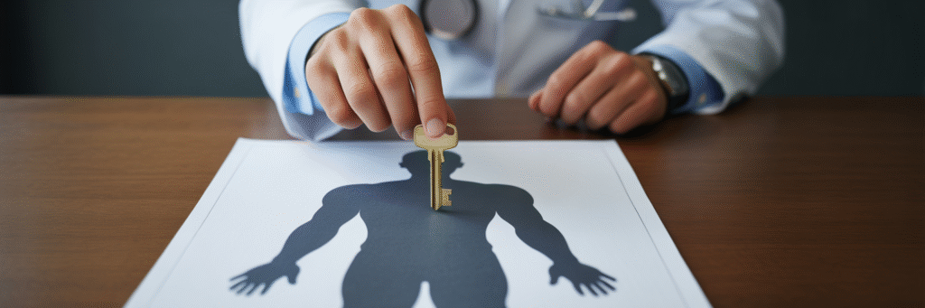 Doctor placing key on a health blueprint.