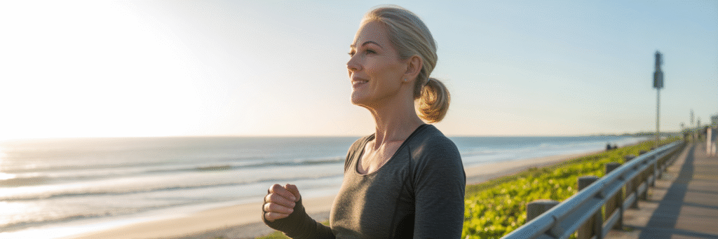 Confident woman over 50 enjoying a Florida sunrise.