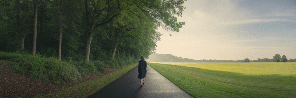 Person walking a middle path for mental health.