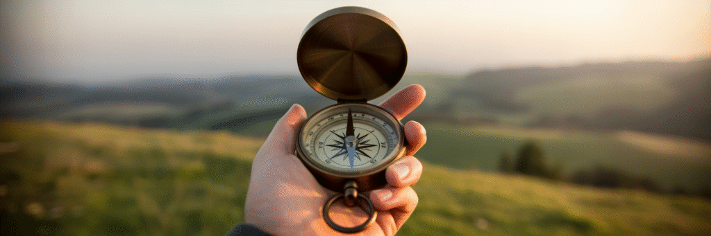 Hands holding compass in rural landscape.