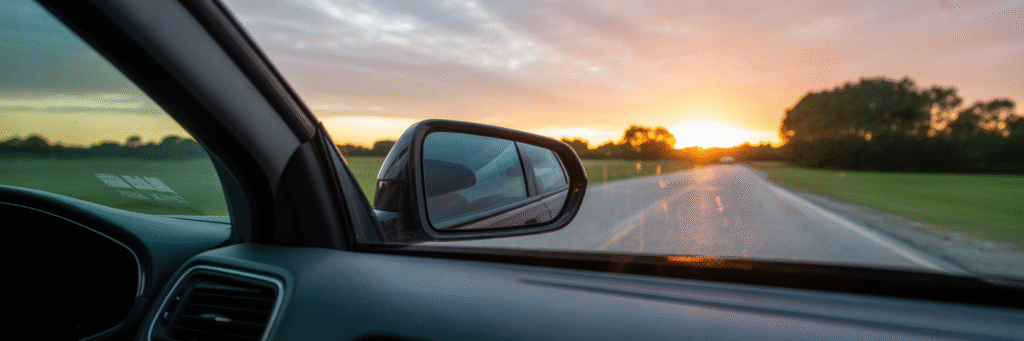 View of a hopeful sunrise from a car.
