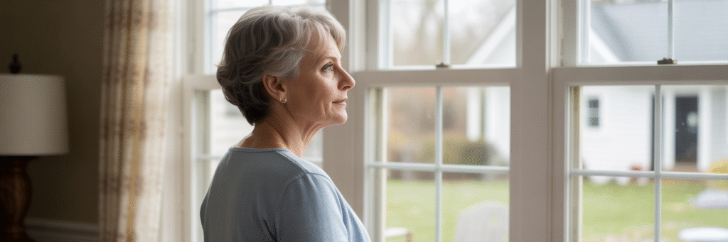 Woman over 50 looking out window thoughtfully.