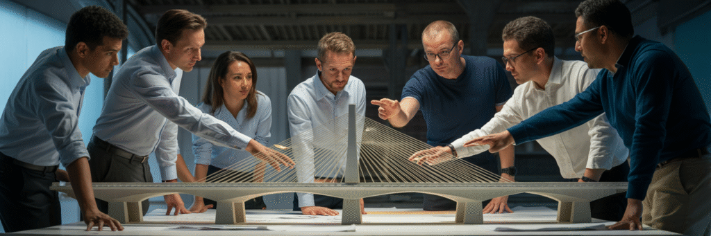 Team of architects planning a bridge model.