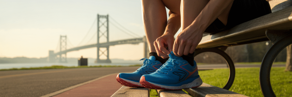 Person tying running shoes near Chesapeake Bay.