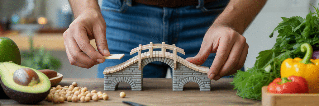 Hands building a bridge with healthy food