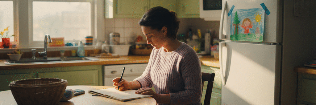 Parent journaling at kitchen table