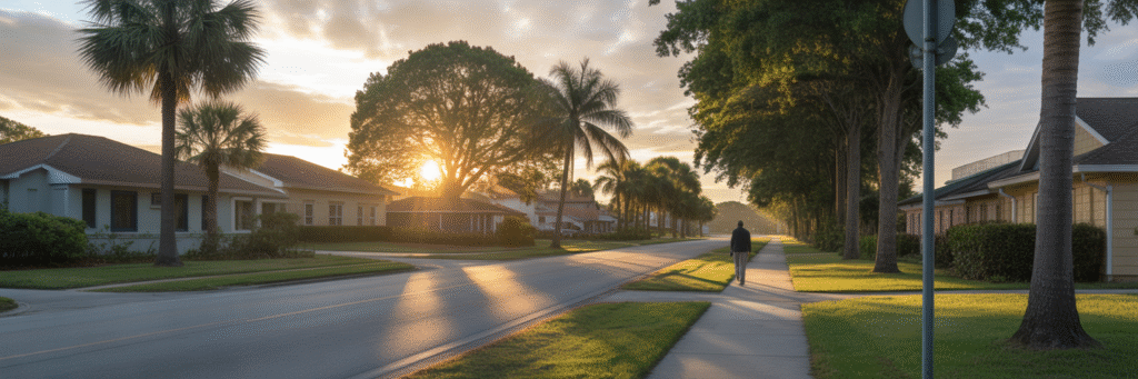 Person walking on suburban Florida street at sunrise