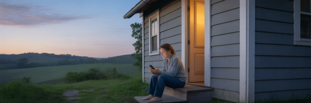 Person on porch in rural Virginia finding help.