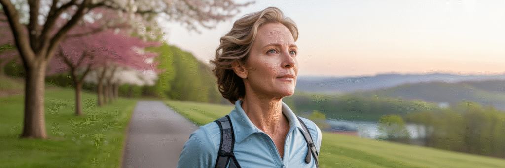 Woman over 50 on a hopeful walk in Virginia.