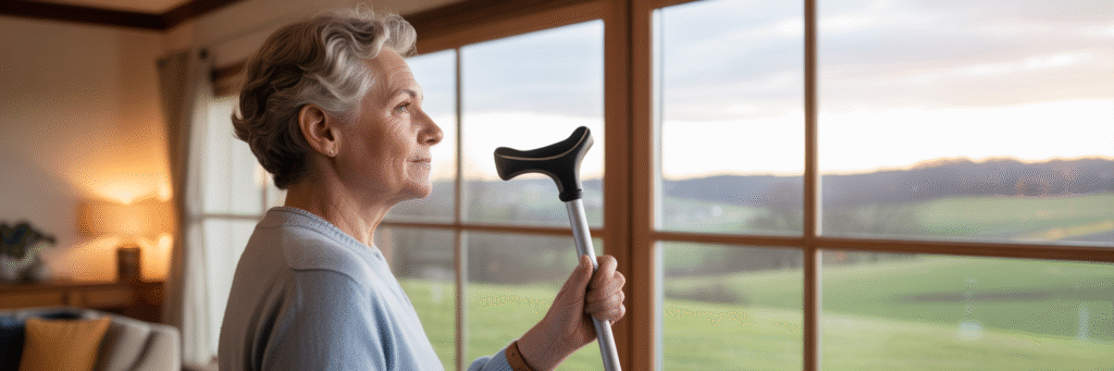 Person with cane looking at Virginia landscape.