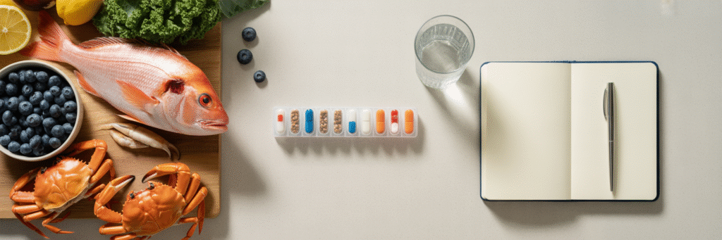 Kitchen island with fresh food and pill organizer.