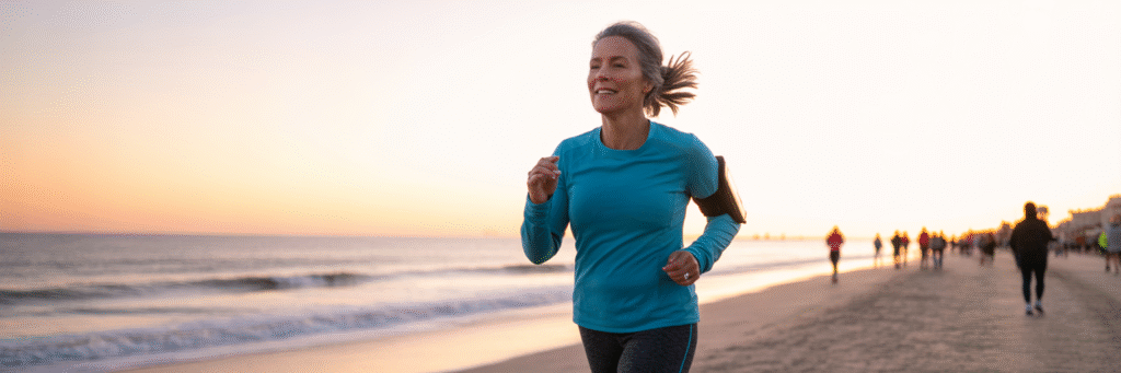 Woman in her 50s walking on Virginia Beach boardwalk.