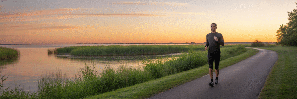 Person walking on a path in Maryland at sunrise.